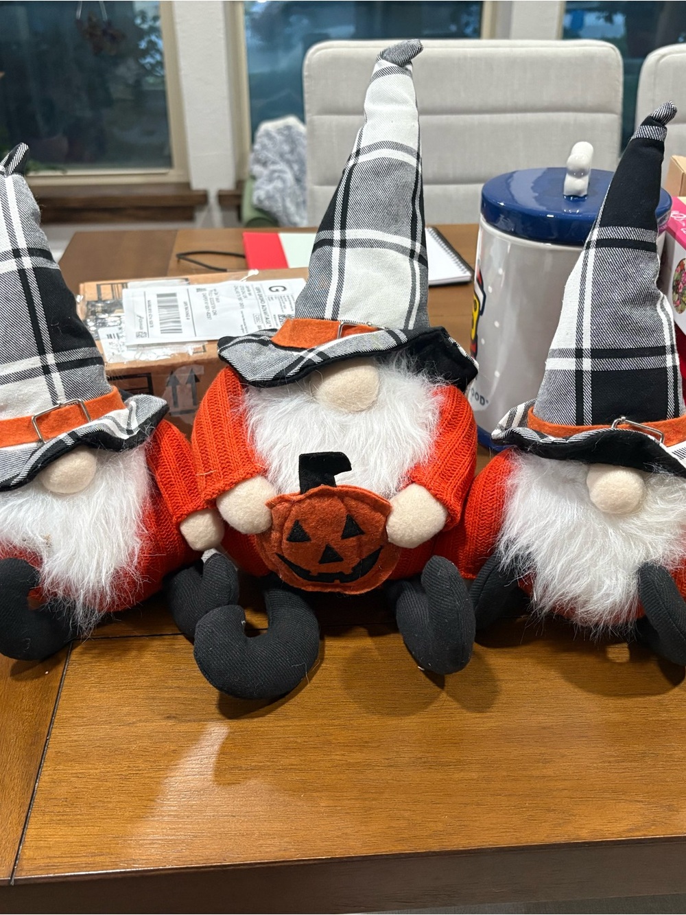Halloween Gnome Plush Trio with Orange Sweaters and Black Pumpkin